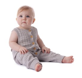 Photo of Cute little baby in knitted romper on white background