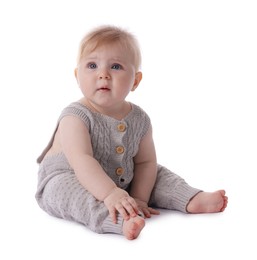 Photo of Cute little baby in knitted romper on white background