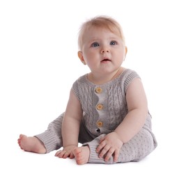 Photo of Cute little baby in knitted romper on white background