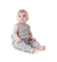 Photo of Cute little baby in knitted romper on white background