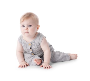 Photo of Cute little baby in knitted romper on white background