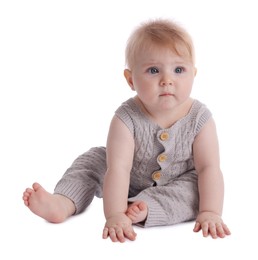 Photo of Cute little baby in knitted romper on white background