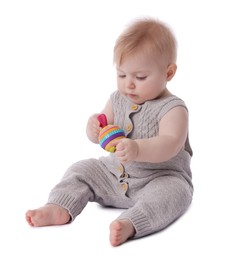 Photo of Cute little baby with toy on white background