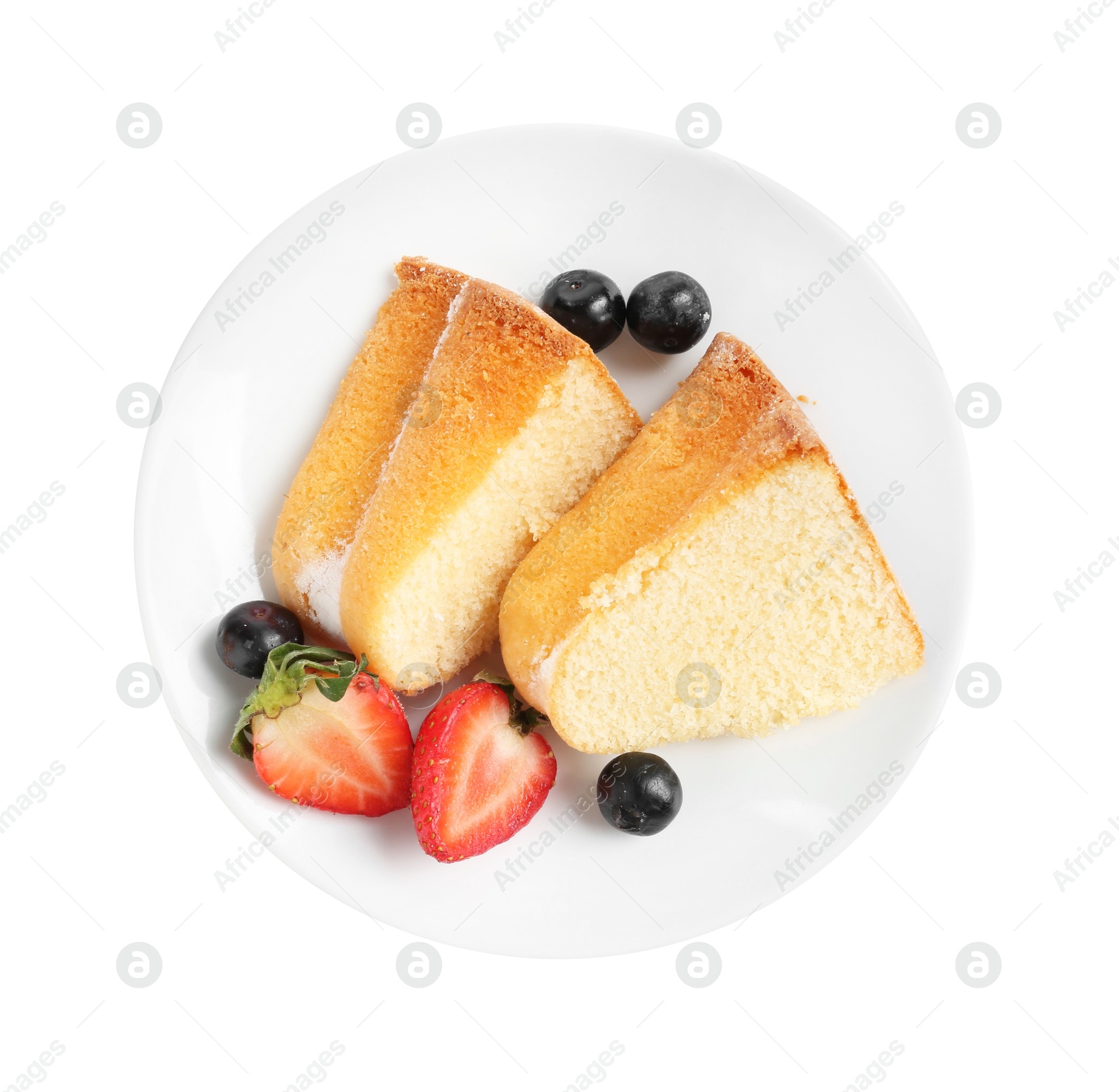 Pieces of tasty bundt cake with berries isolated on white, top view Photo of Pieces of tasty bundt cake with berries isolated on white, top view