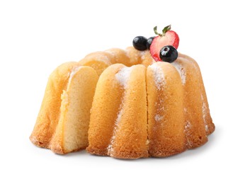Photo of Tasty bundt cake with powdered sugar and berries isolated on white