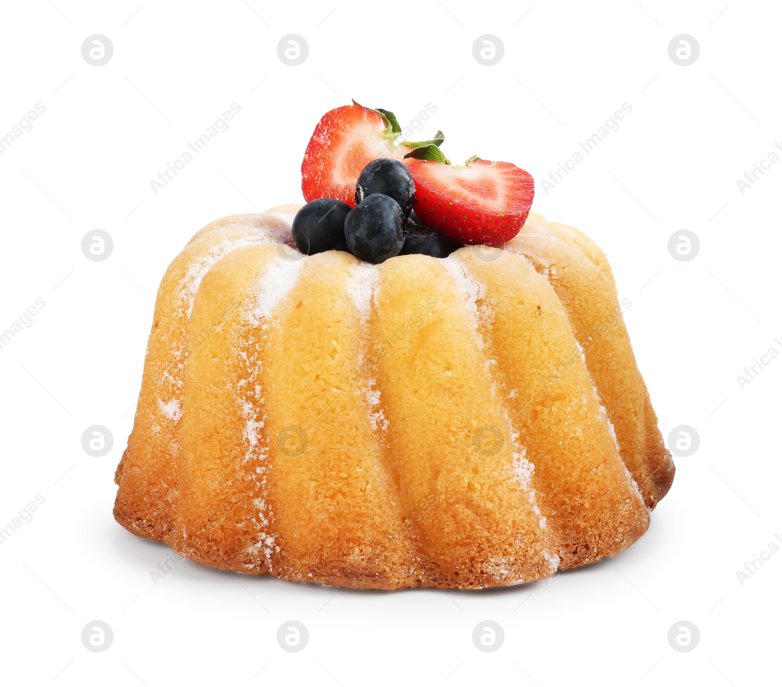 Tasty bundt cake with powdered sugar and berries isolated on white Photo of Tasty bundt cake with powdered sugar and berries isolated on white