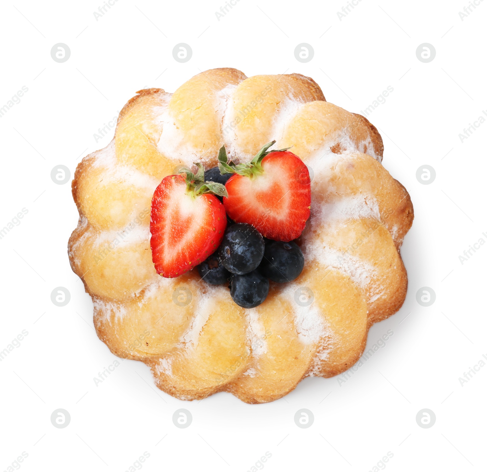 Tasty bundt cake with powdered sugar and berries isolated on white, top view Photo of Tasty bundt cake with powdered sugar and berries isolated on white, top view