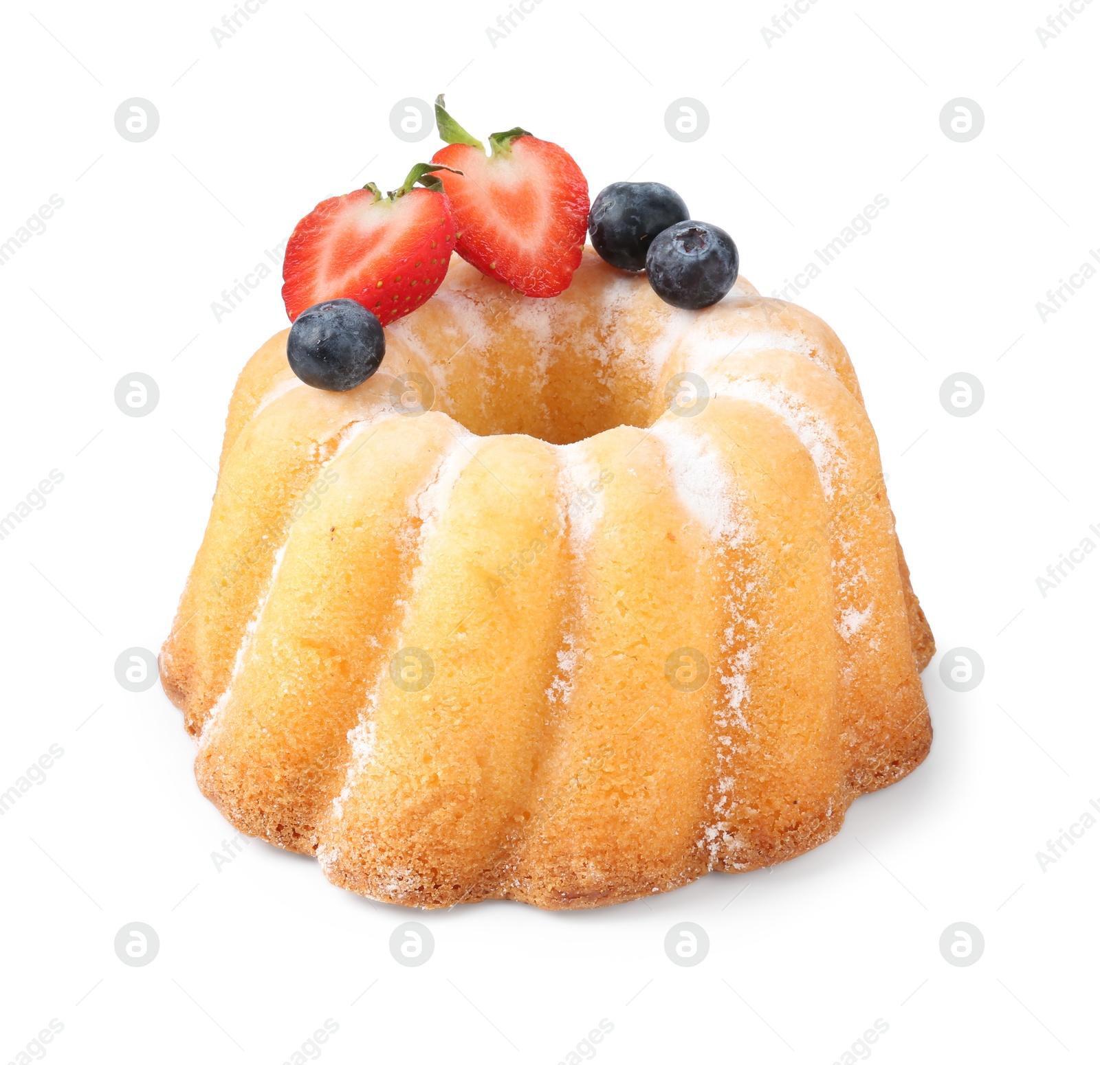 Tasty bundt cake with powdered sugar and berries isolated on white Photo of Tasty bundt cake with powdered sugar and berries isolated on white