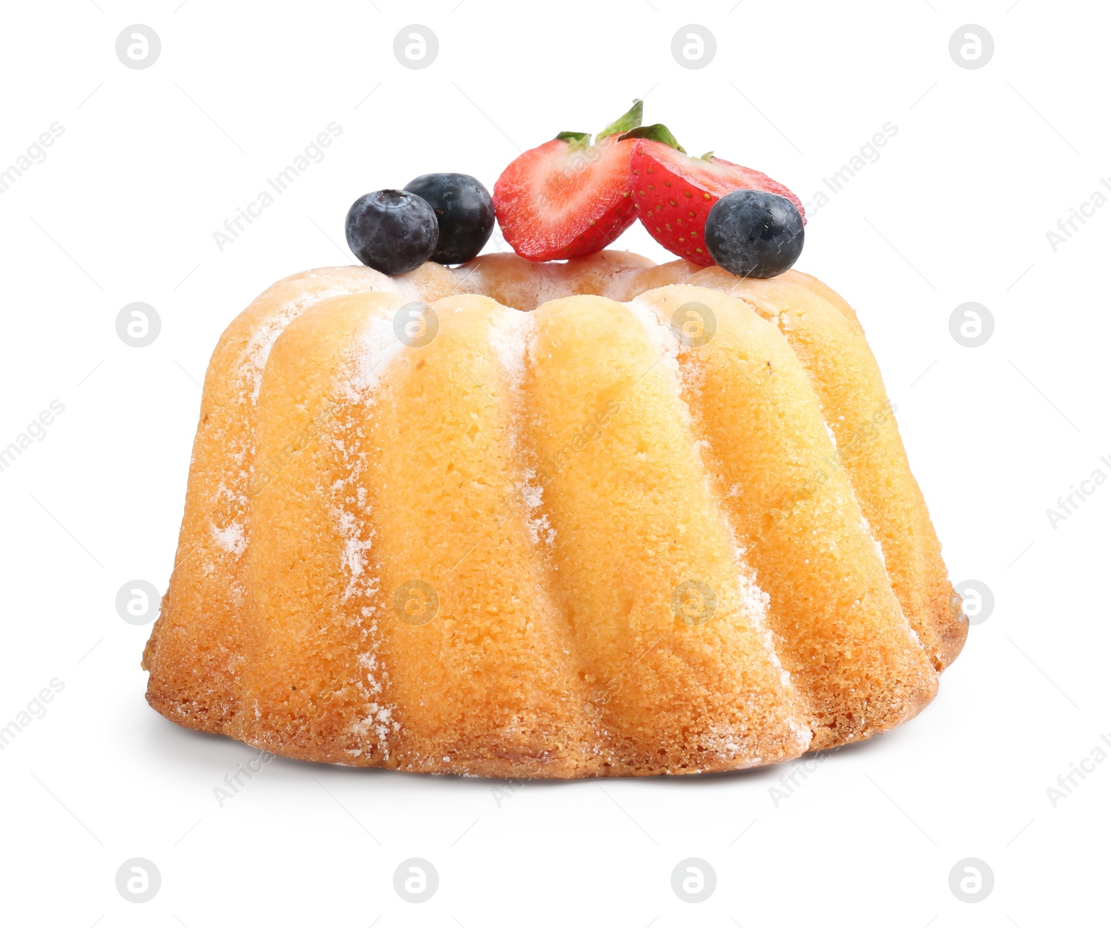 Tasty bundt cake with powdered sugar and berries isolated on white Photo of Tasty bundt cake with powdered sugar and berries isolated on white