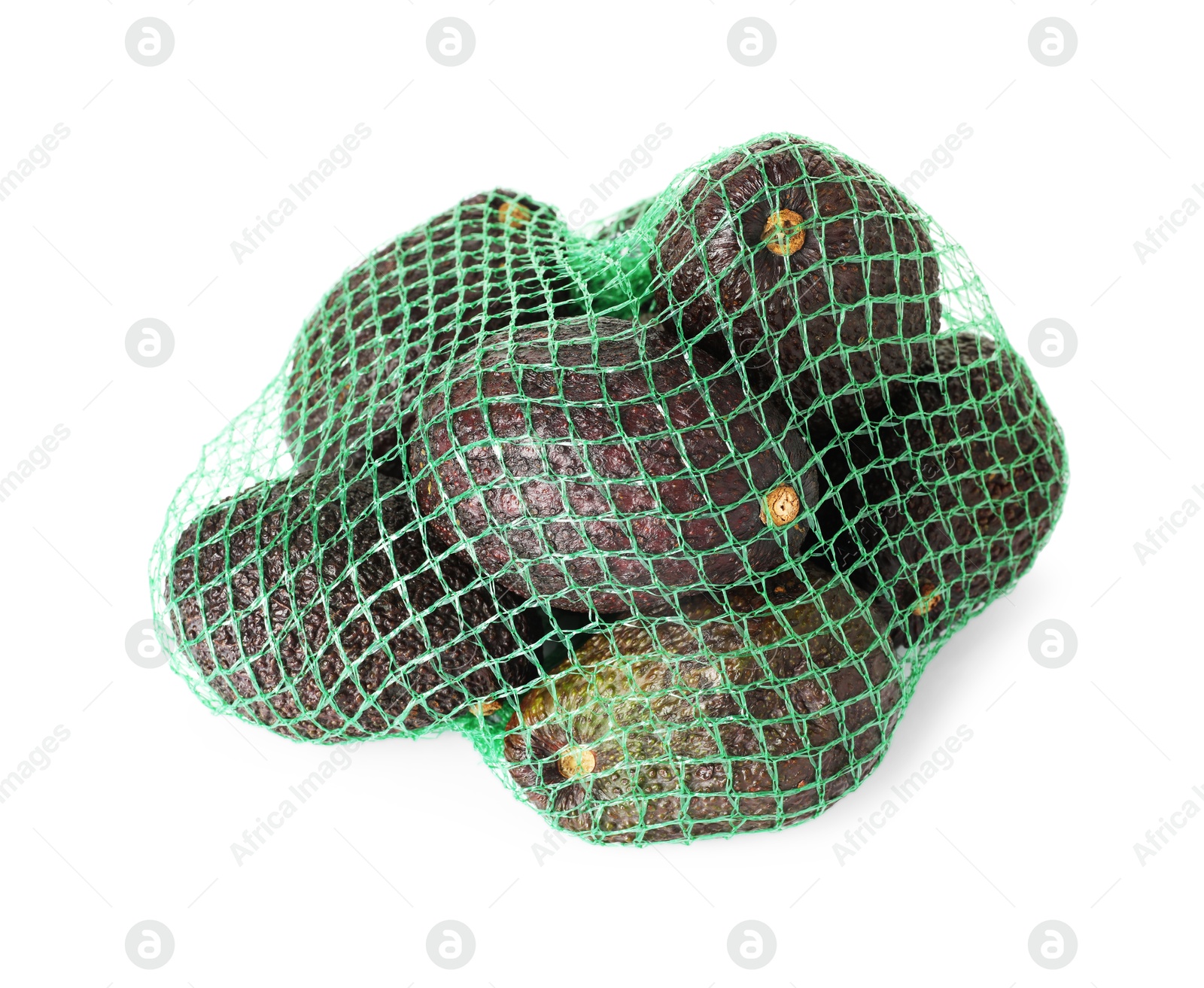 Ripe avocado fruits in net bag isolated on white Photo of Ripe avocado fruits in net bag isolated on white