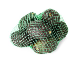 Photo of Ripe avocado fruits in net bag isolated on white