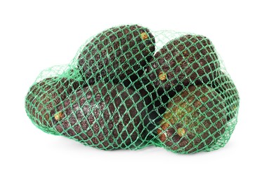 Photo of Ripe avocado fruits in net bag isolated on white