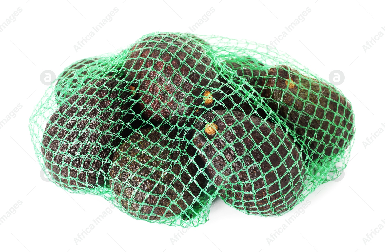 Ripe avocado fruits in net bag isolated on white Photo of Ripe avocado fruits in net bag isolated on white
