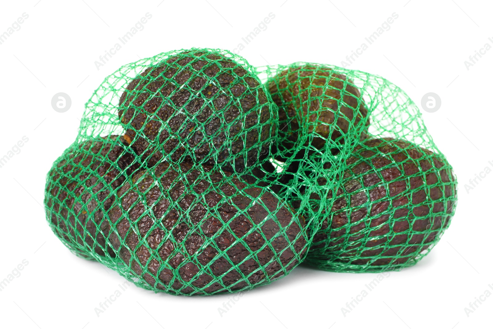 Ripe avocado fruits in net bag isolated on white Photo of Ripe avocado fruits in net bag isolated on white
