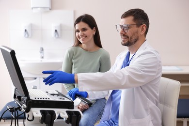 Photo of Sonographer showing woman her ultrasound imaging on screen in clinic