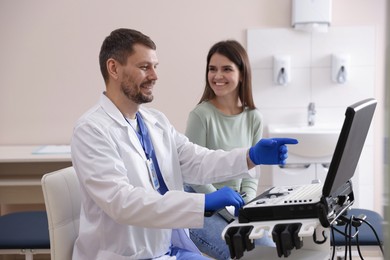 Photo of Sonographer showing woman her ultrasound imaging on screen in clinic