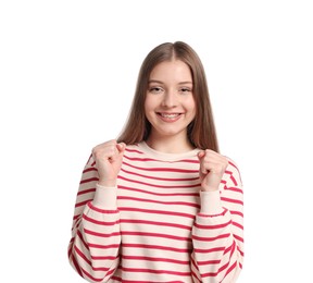 Photo of Portrait of excited teenage girl on white background