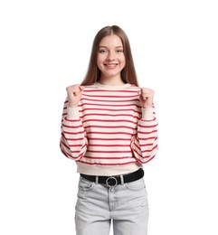 Photo of Portrait of excited teenage girl on white background