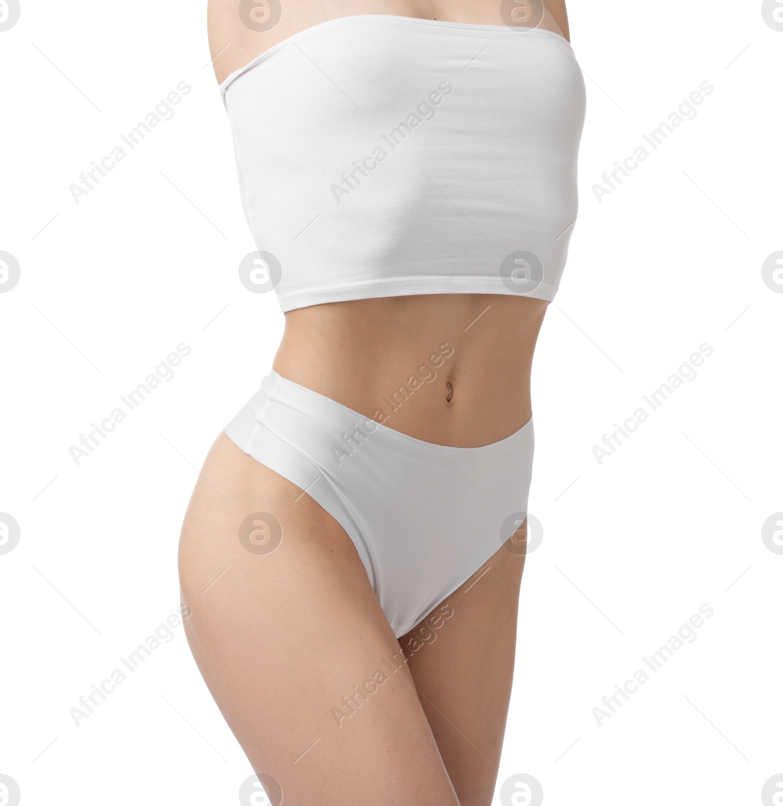 Woman with perfect slim body on white background, closeup Photo of Woman with perfect slim body on white background, closeup