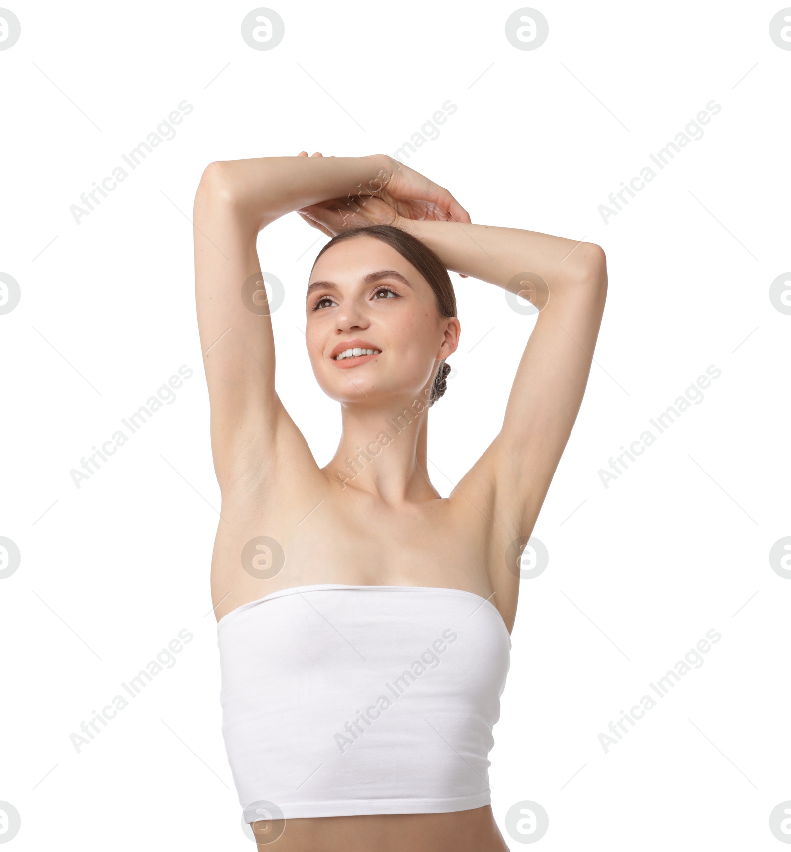 Portrait of beautiful young woman on white background Photo of Portrait of beautiful young woman on white background
