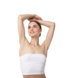 Photo of Portrait of beautiful young woman on white background