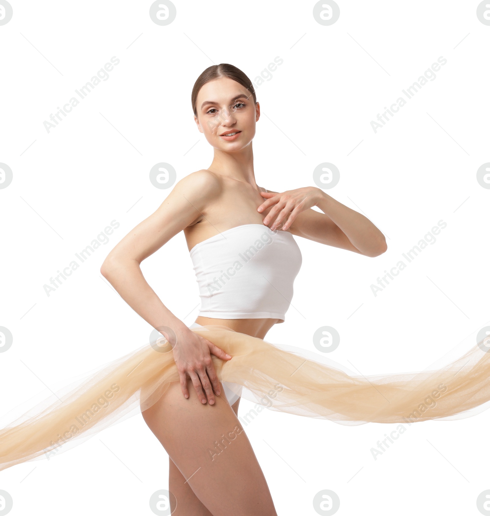 Young woman with beautiful fabric on white background Photo of Young woman with beautiful fabric on white background