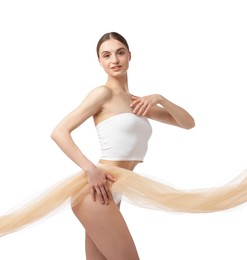 Photo of Young woman with beautiful fabric on white background