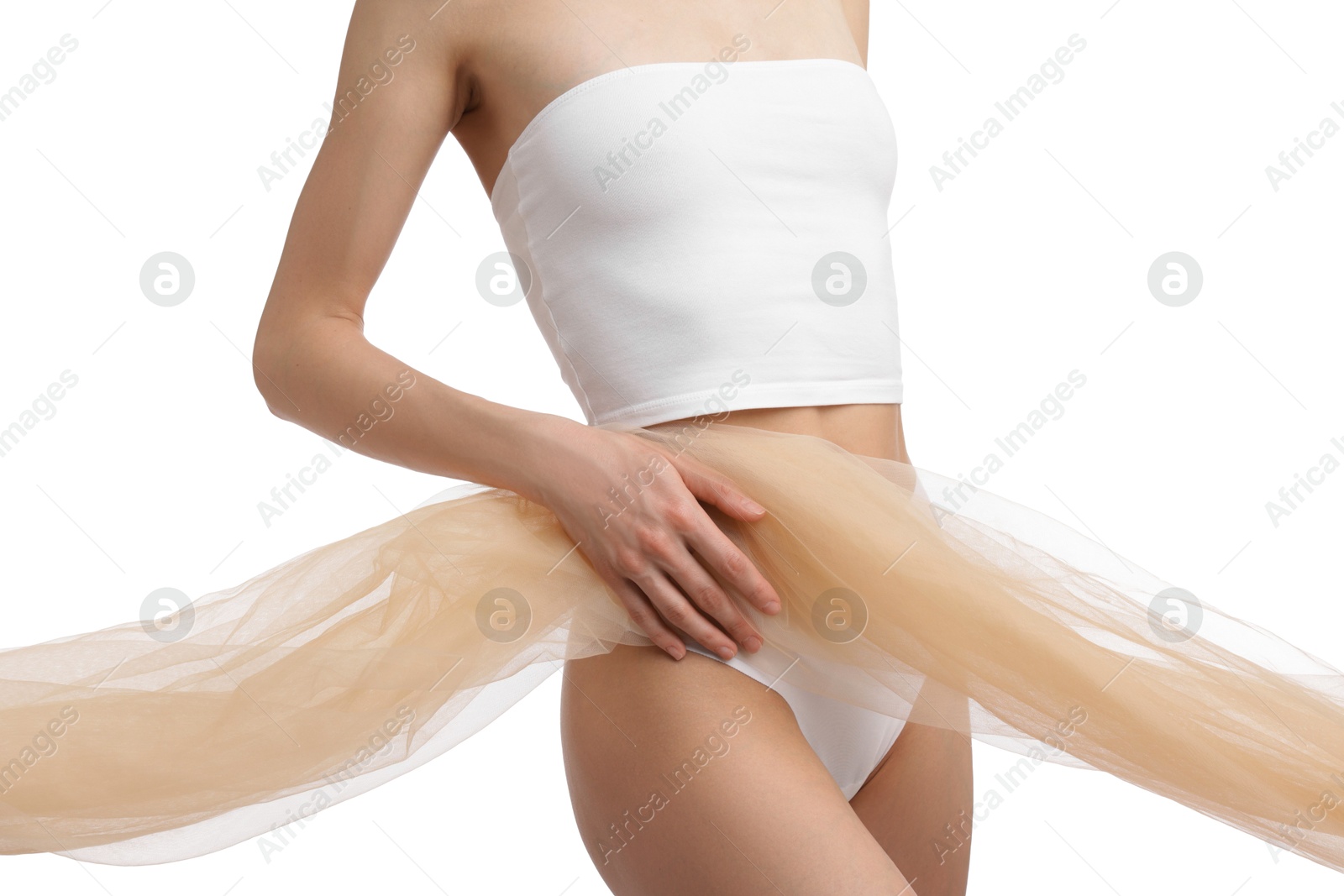 Young woman with beautiful fabric on white background, closeup Photo of Young woman with beautiful fabric on white background, closeup