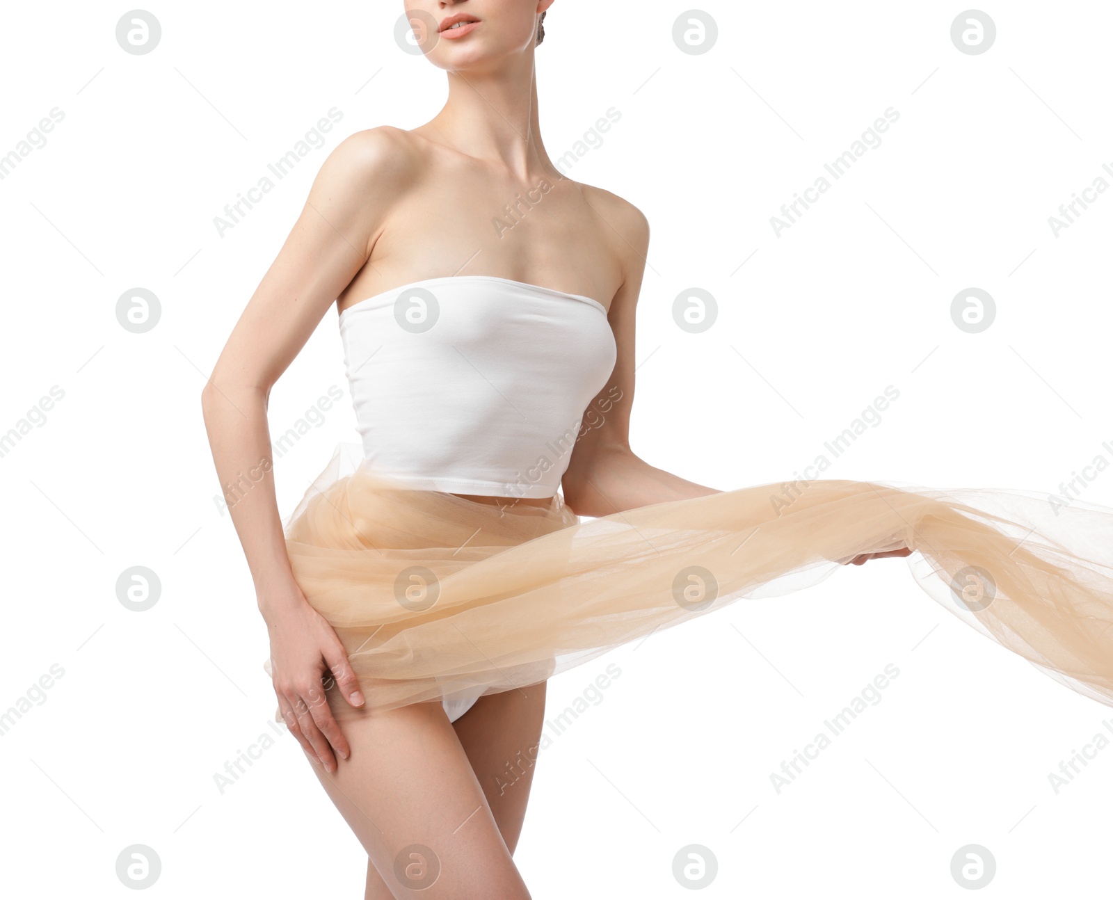 Young woman with beautiful fabric on white background, closeup Photo of Young woman with beautiful fabric on white background, closeup