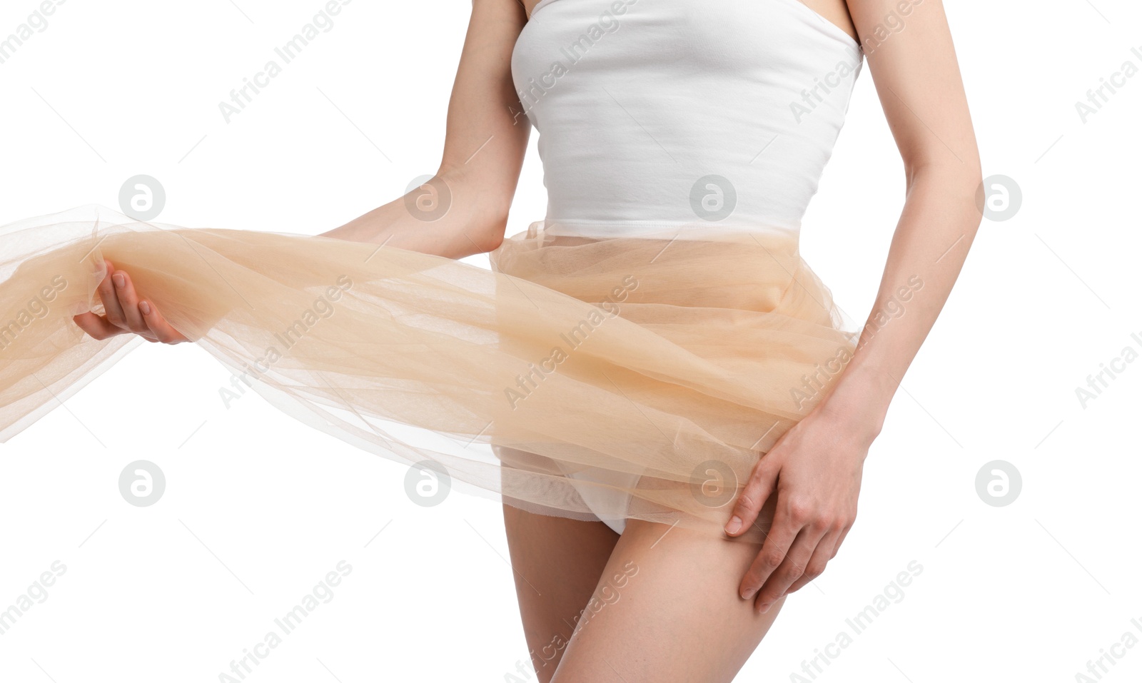 Young woman with beautiful fabric on white background, closeup Photo of Young woman with beautiful fabric on white background, closeup