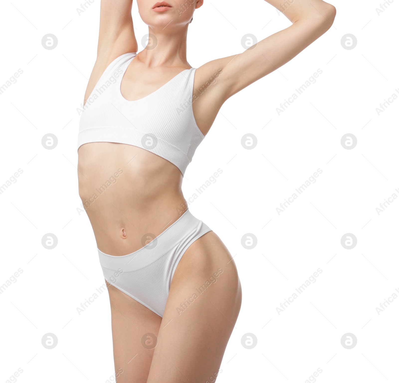 Woman with perfect slim body on white background, closeup Photo of Woman with perfect slim body on white background, closeup
