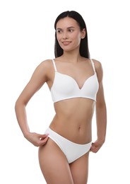 Photo of Beautiful woman with perfect slim body on white background