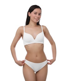 Photo of Beautiful woman with perfect slim body on white background