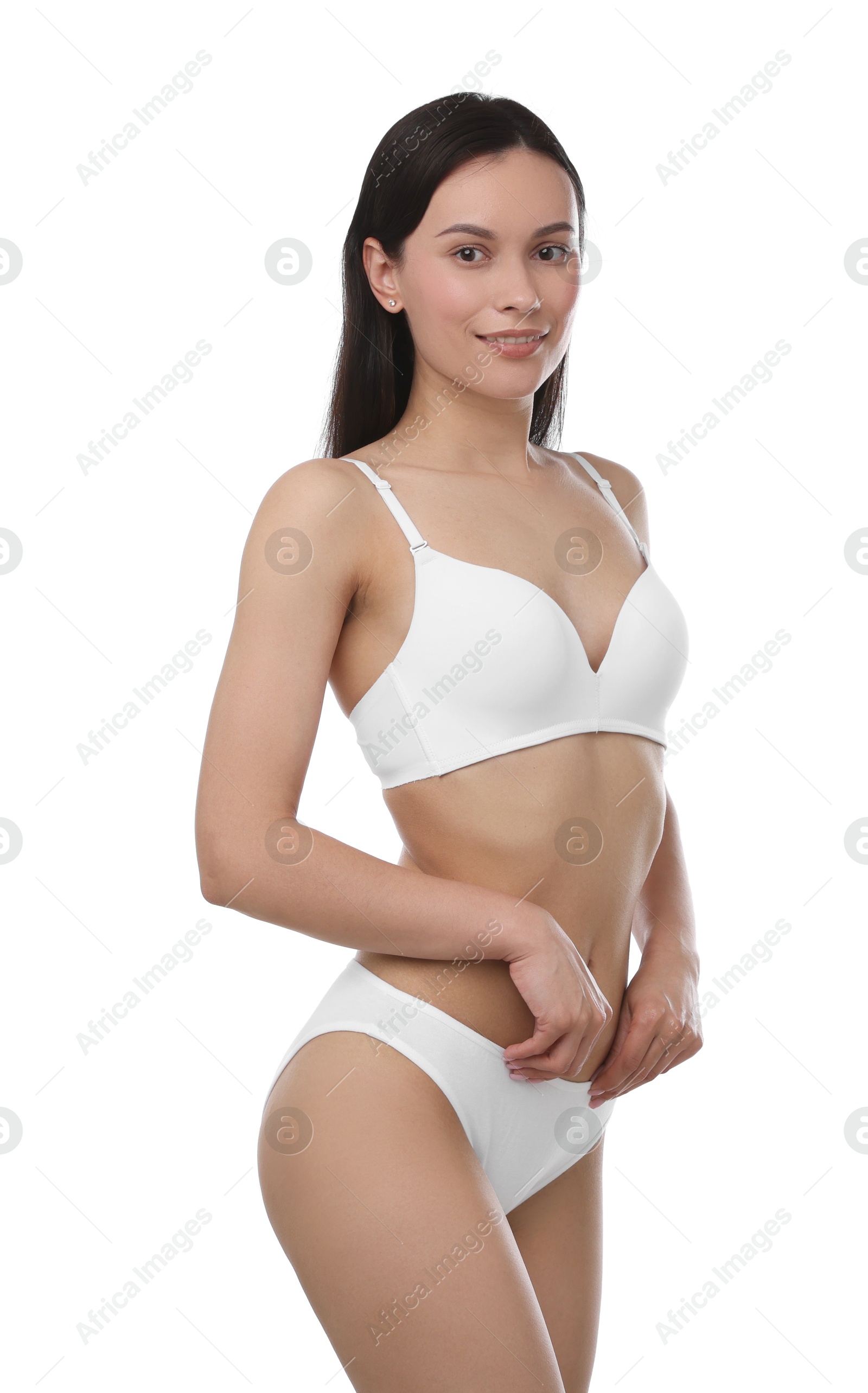 Beautiful woman with perfect slim body on white background Photo of Beautiful woman with perfect slim body on white background