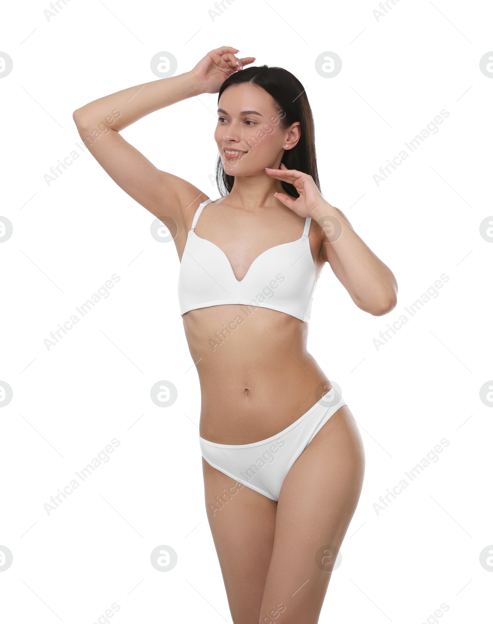 Beautiful woman with perfect slim body on white background Photo of Beautiful woman with perfect slim body on white background