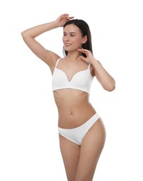 Photo of Beautiful woman with perfect slim body on white background