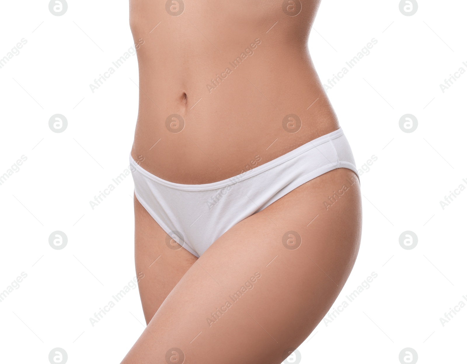 Woman with perfect slim body on white background, closeup Photo of Woman with perfect slim body on white background, closeup