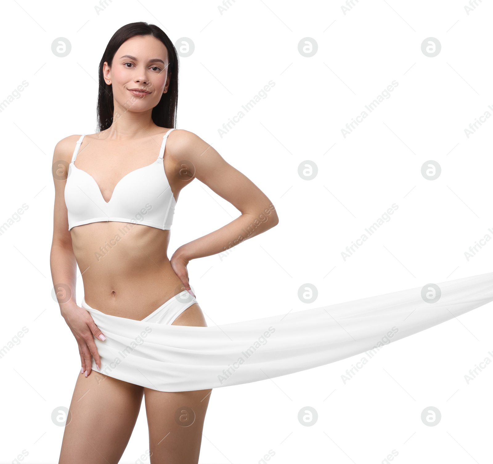 Young woman with beautiful fabric on white background Photo of Young woman with beautiful fabric on white background