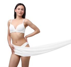 Photo of Young woman with beautiful fabric on white background
