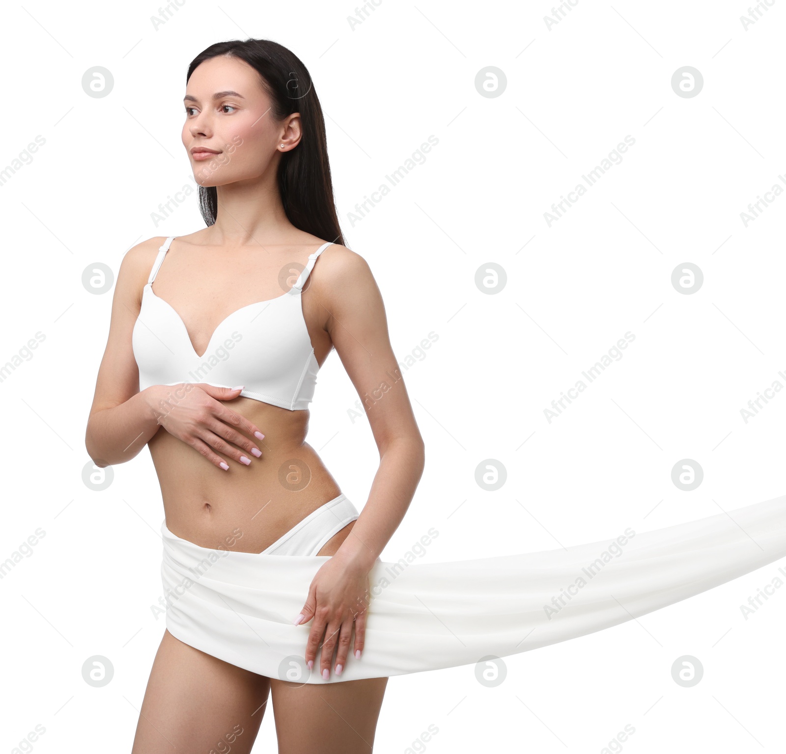 Young woman with beautiful fabric on white background Photo of Young woman with beautiful fabric on white background