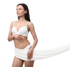 Photo of Young woman with beautiful fabric on white background