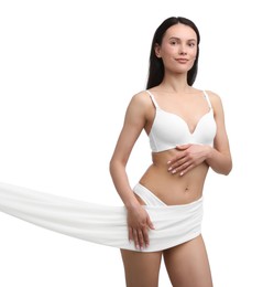 Photo of Young woman with beautiful fabric on white background