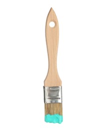 Photo of Brush with turquoise paint isolated on white