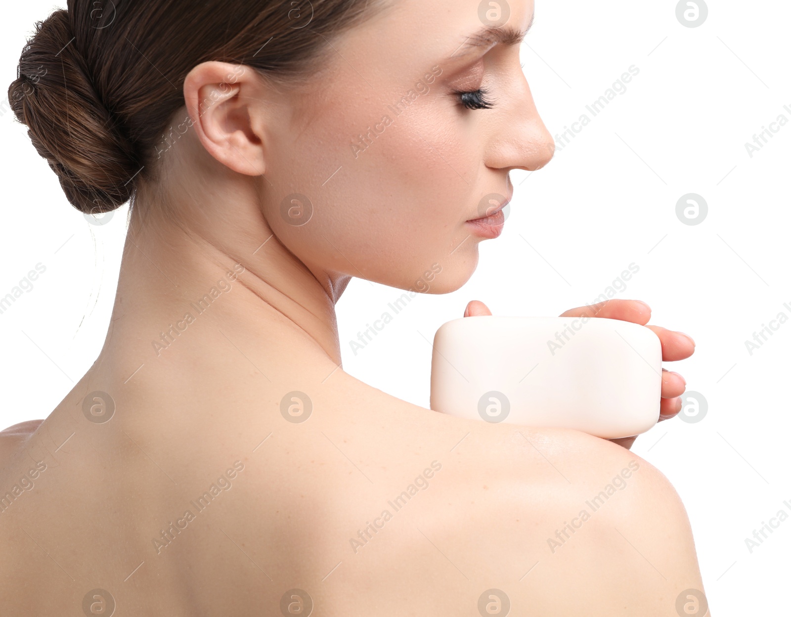 Beautiful woman with soap bar on white background, closeup Photo of Beautiful woman with soap bar on white background, closeup