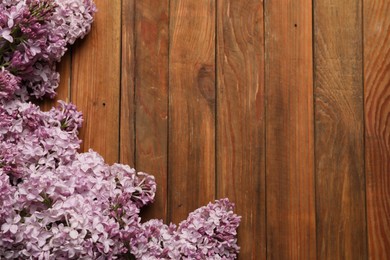 Photo of Beautiful lilac flowers on wooden table, flat lay. Space for text