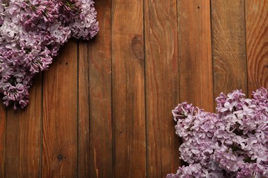 Photo of Beautiful lilac flowers on wooden table, flat lay. Space for text