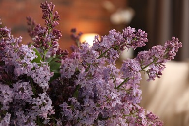 Photo of Beautiful lilac flowers on blurred background, closeup