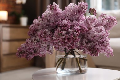 Photo of Beautiful lilac flowers in vase on table indoors