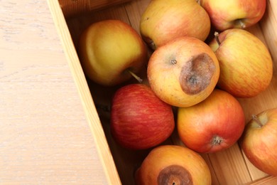 Photo of Damaged and rotten apples in wooden crate on table, top view