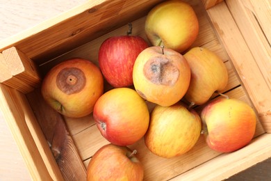 Photo of Damaged and rotten apples in wooden crate on table, top view